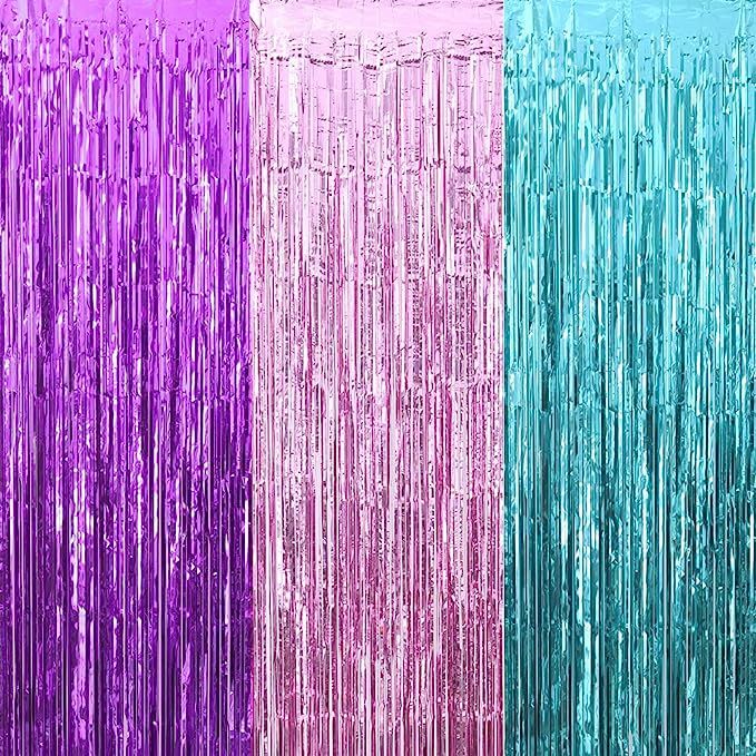 Unicorn Birthday Decorations for Girls Purple Pink Aquamarine Foil Fringe Tinsel Curtain Photo Bo... | Amazon (US)