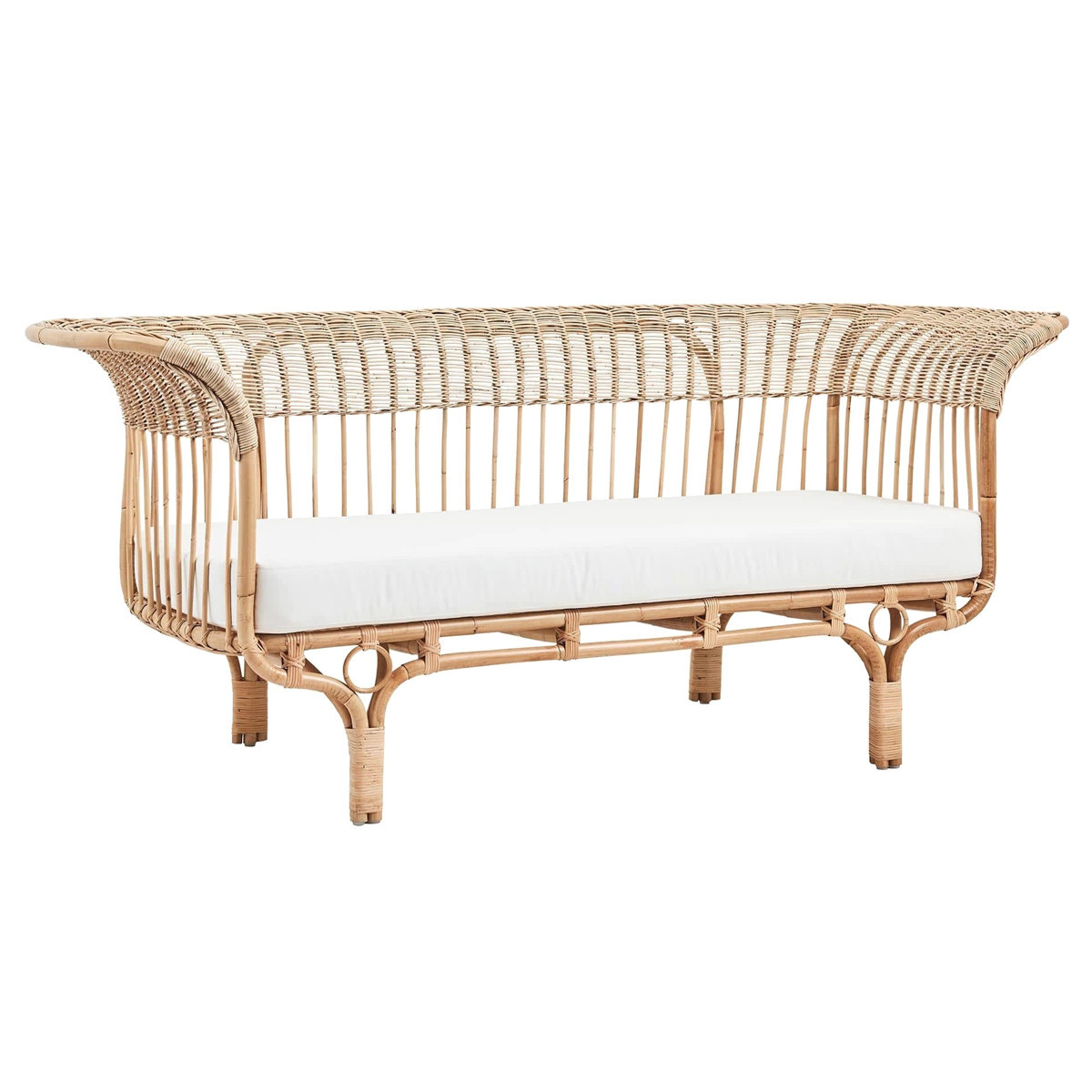 Lyan Coastal Beach White Performance Natural Woven Rattan Frame Sofa - 76.8""W | Kathy Kuo Home