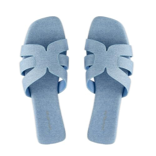 SelenePair Women's Fashion Flat Sandals Square Toe Slip On Dress Summer Slides(Blue Denim, Numeric_7) | Amazon (US)