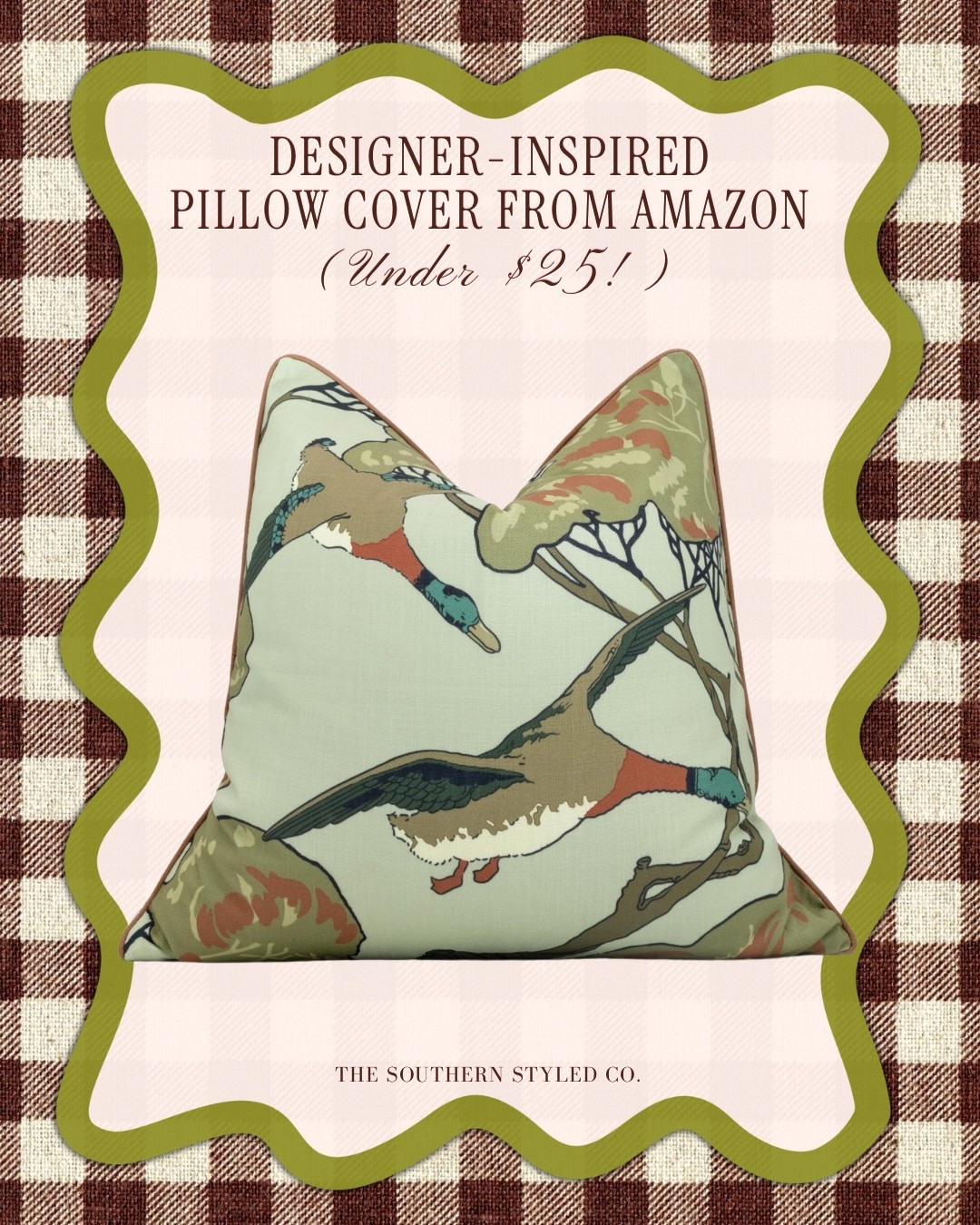 🍂 DESIGNER-INSPIRED PILLOW COVER UNDER $25! 🍂

This Amazon find looks so much more expensive than it is. The duck print, muted greens, warm rust tones, and traditional pattern give it that collected, designer look I love — especially for fall. 🤎

Perfect for styling on a sofa, accent chair, bed, or layered with plaids and other classic patterns. If you love grandmillennial style, traditional home decor, English country interiors, or Southern style, this one is GOOD.

#LTKSeasonal #LTKBaby #LTKHome