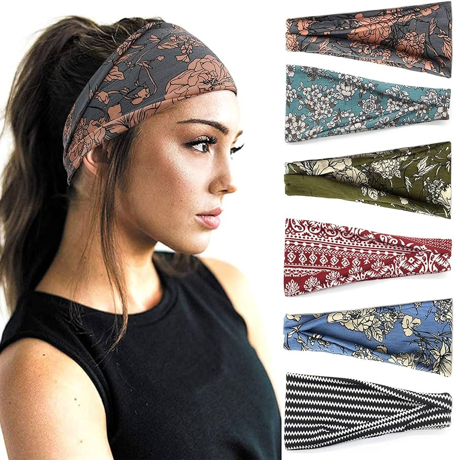 Boho Headbands For Women Fashion Wide Headband Yoga Workout Head Bands Hair Accessories Band 6 Pa... | Amazon (US)