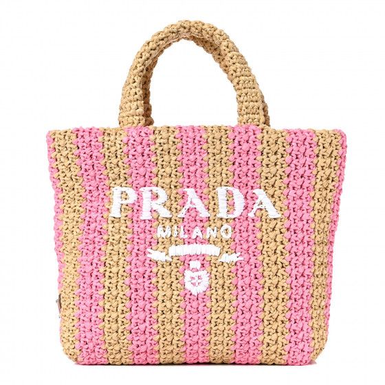 PRADA Raffia Striped Small Logo Tote Tan Petal Pink | Fashionphile