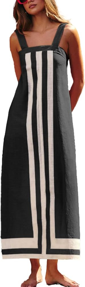 Fiona Jolin Womens Summer Maxi Dress Boho Striped Shoulder Strap Long Sundress Beach Cover Up Dre... | Amazon (US)