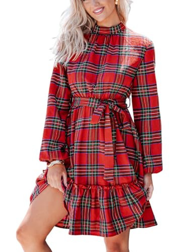 CUPSHE Women's Winter Christmas Dress High Neck Plaid Tie Back Long Sleeve Belted Ruffled Hem Mini Dresses Red, L | Amazon (US)