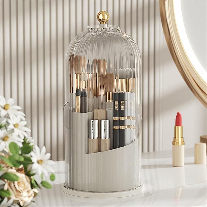 Makeup Brush Holder with Lid, 360° Rotating makeup organizer, Dustproof Cosmetic Cosmetic Pen or... | Amazon (US)