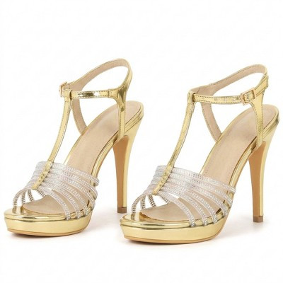 BLISSFUL STEP Rhinestone T Strap Stiletto Strappy Heel Platform Sandals for Women 9 Gold | Target