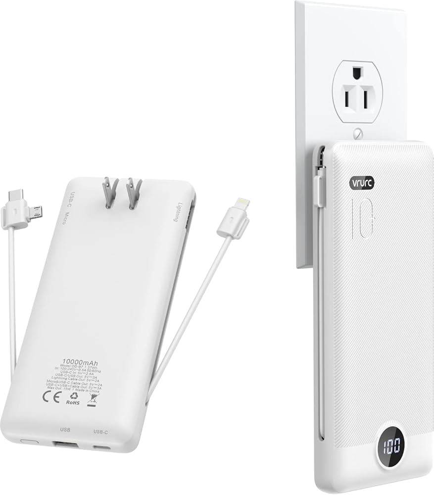 VRURC Portable Charger with Built-in Cables and AC Wall Plug, 10000mAh Phone Charger 5 Output & 2... | Amazon (US)