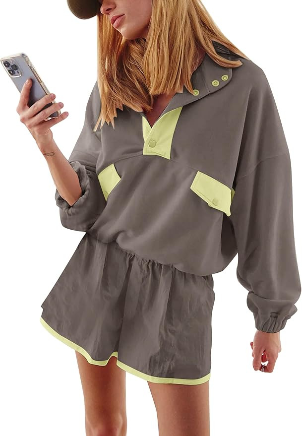 Quarter Button Sweatsuits Women Oversized Color Block Sweatshirts Sets Shorts Tracksuits 2025 Cas... | Amazon (US)