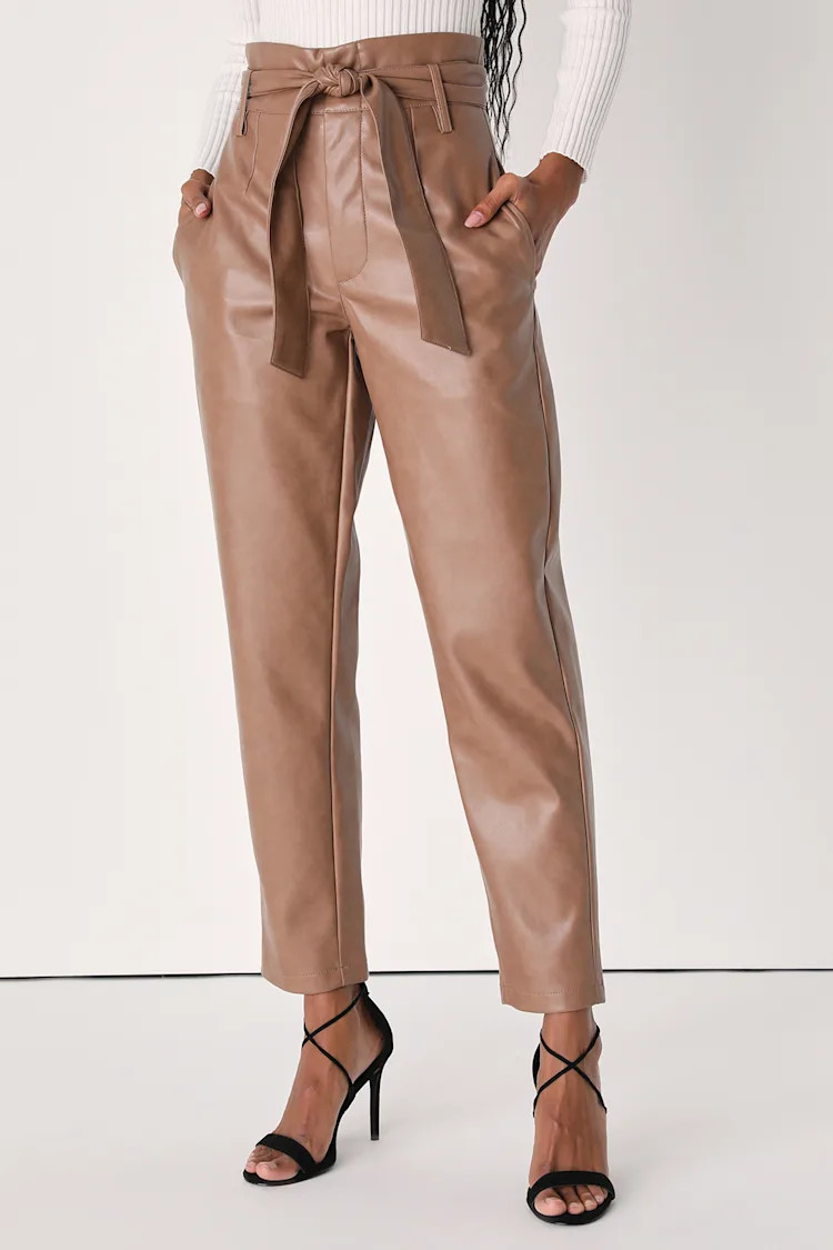 Chic Independence Tan Vegan Leather Paperbag Waist Trousers | Lulus (US)