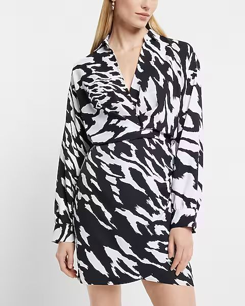 Printed V-neck Collared Wrap Front Mini Portofino Shirt Dress | Express