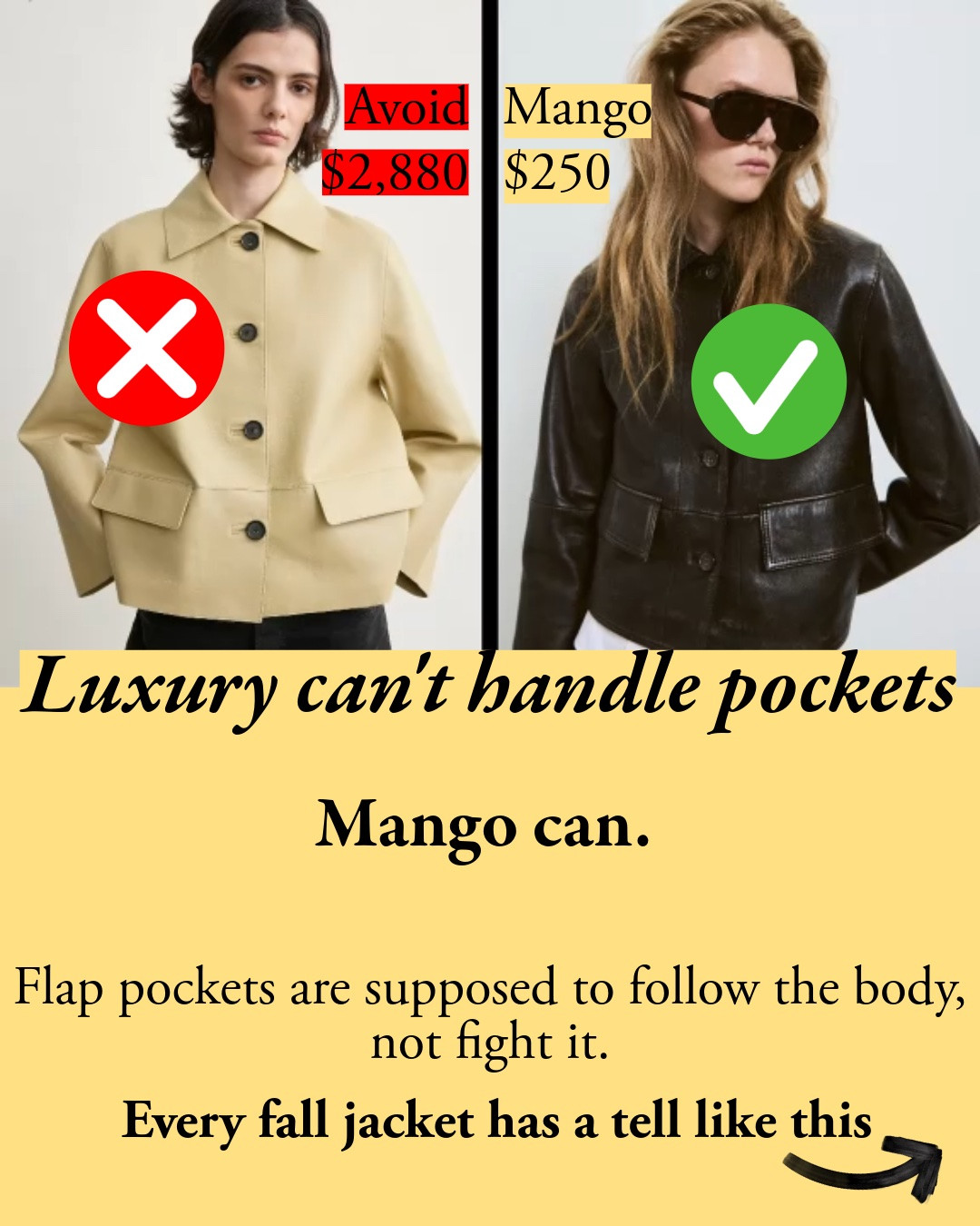 Fall jackets that get this season's shape right without the price: Mango's leather jacket (the flap pockets move with you), Sézane's funnel-neck jacket in 100% cotton, Sézane's cropped A-line suede, the Uniqlo bomber (size up), Aritzia's cropped blazer as the Chanel proportion, and Polo Ralph Lauren's tweed blazer if you'd rather sit the trend out in a classic. Check funnel-neck height in person – too low looks meager, too high is hard to wear. Everything TTS. I'm 5'7".

#LTKootd #LTKSeasonal