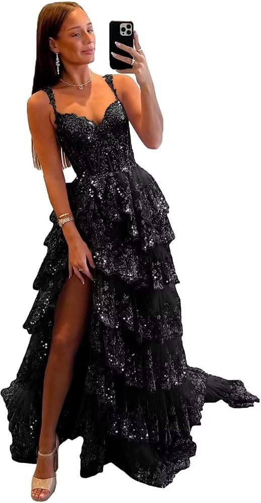 Wchecalino Sparkly Tiered Lace Tulle Prom Dresses Long 2026 Spaghetti Straps Formal Corset Evenin... | Amazon (US)