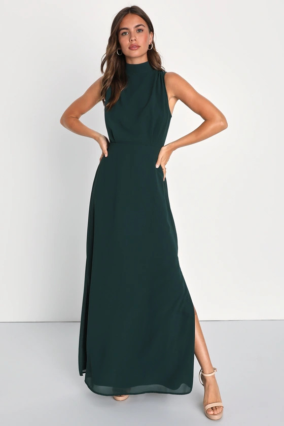 Classic Elegance Emerald Chiffon Sleeveless Mock Neck Maxi Dress | Lulus (US)