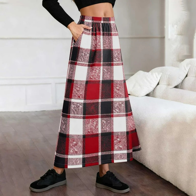 Women's Checkered Buttoned Pocket Skirt with Wool Twill Waistband, A-Line Midi Skirts for Women, ... | Walmart (US)