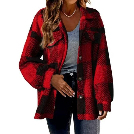 Difdany Womens Sherpa Jacket Plaid Fleece Lined Hooded Button Down Long Sleeve Cardigan Fall Winter Outerwear red L | Walmart (US)