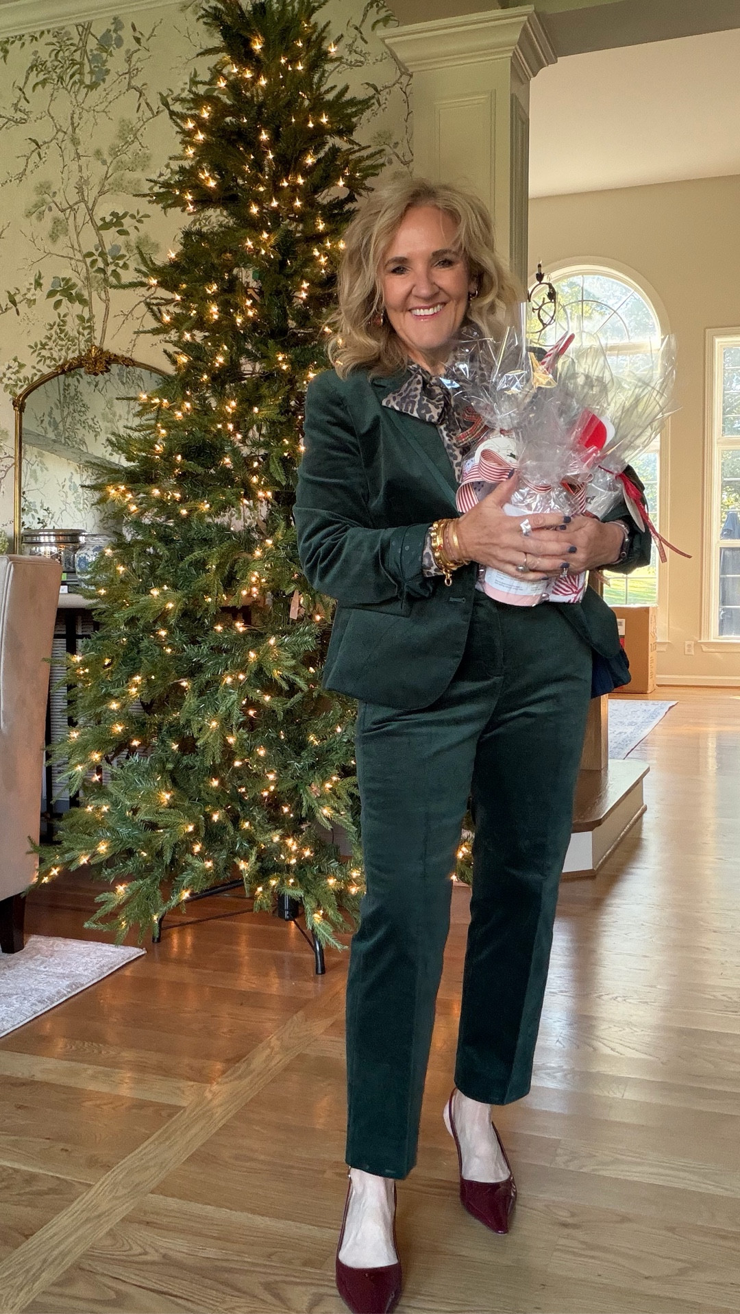 Headed off to my first holiday party! Velvet blazer size 10 regular velvet pants size 8 petite they’re quite fitted. You might want to size up leopard print blouse size medium petite the regular would work too Merlot slingbacks in my favorite style by Sam Edelman. I do size up a half for more room in the toes. Julie voss pieces with a hint of red. I’m linking some festive holiday bags too. Mines from a prior season.

#LTKSaleAlert #LTKHoliday #LTKOver40