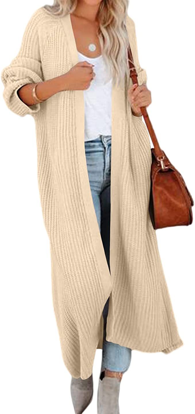Amazon.com: Newffr Women's Open Front Maxi Long Knitted Cardigan Solid Casual Loose Cable Sweater... | Amazon (US)