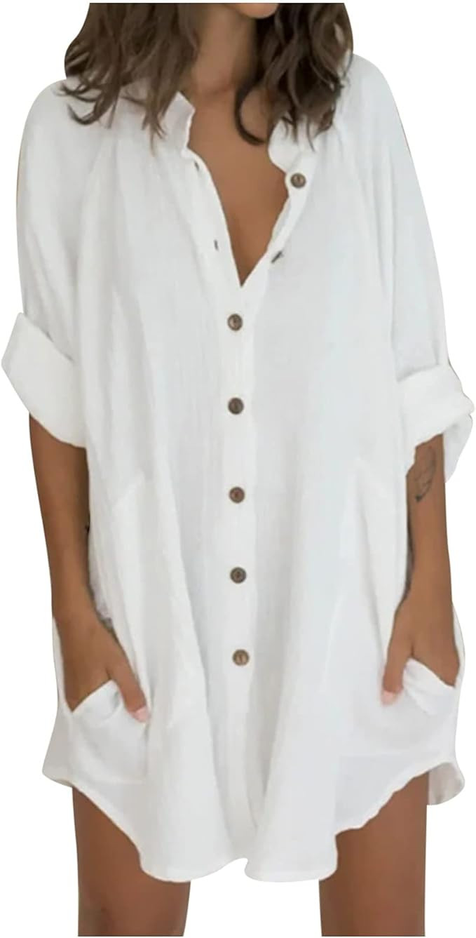 Womens Loose Tops Button Down Long Linen Shirts 3/4 Sleeve Baggy Comfy Casual Blouse Tee Shirts D... | Amazon (US)