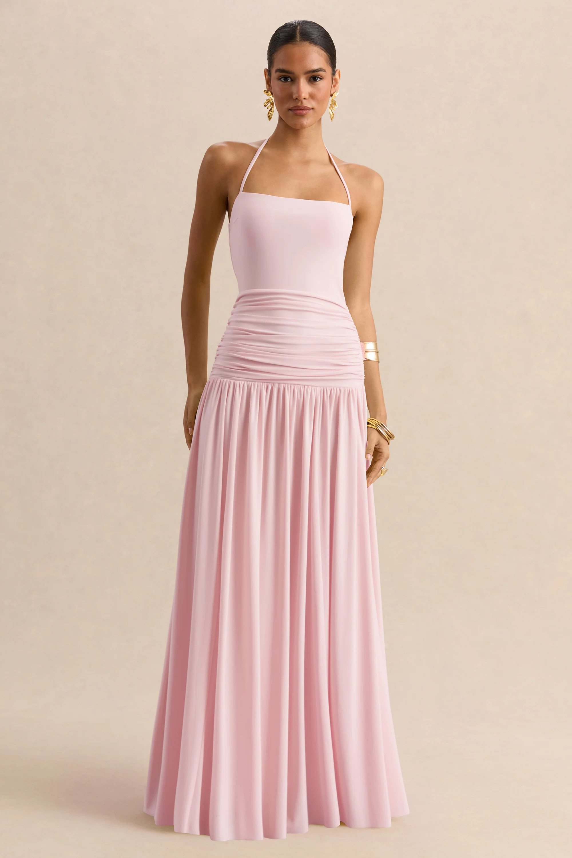 Nicolette | Pink Square-Neck Maxi Dress With Ruched-Detailing | Club L London