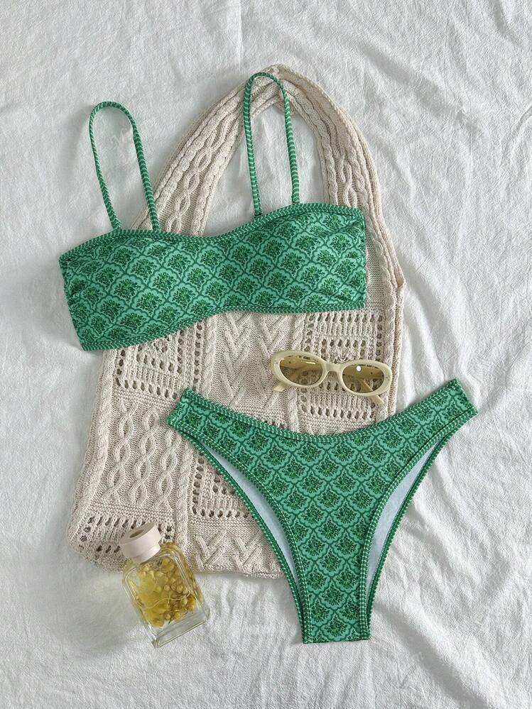Two Pieces Of Women's Green Print Paired With Flat Chest Bikini, Detachable Shoulder Strap Suitable For Island Vacation Photography | SHEIN