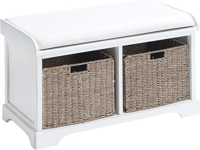 Deco 79 Wood 2 Baskets Storage Bench with Cushion Seat, 34" x 16" x 20", White | Amazon (US)