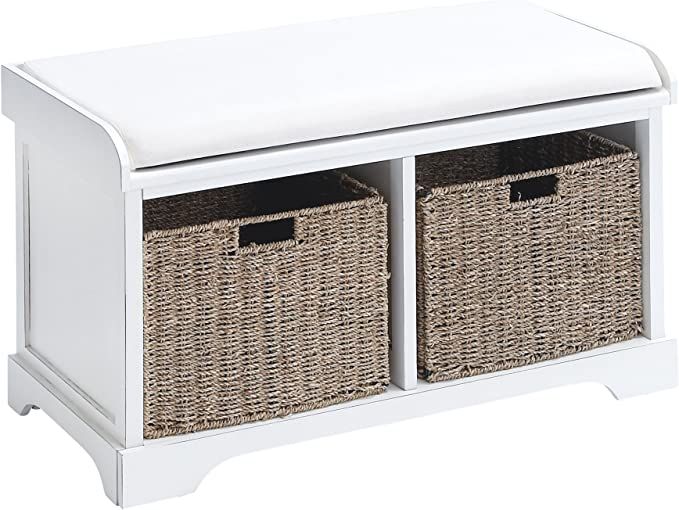 Deco 79 Wood 2 Baskets Storage Bench with Cushion Seat, 34" x 16" x 20", White | Amazon (US)