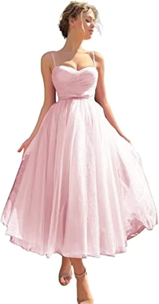WPPUPP Tea-Length Tulle Prom Dress Sweetheart Spaghetti Straps Formal Evening Dress Ruffle a-Line... | Amazon (CA)
