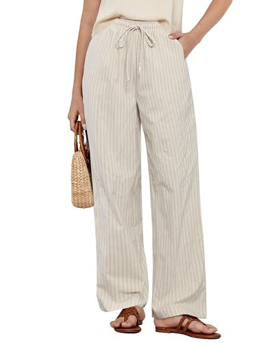 GRAPENT Womens Striped Pants Summer Linen Pants for Women Cotton Drawstring Women High Waisted Cute Linen Beach Beige Blue Stripe Size X-Large US 16 to 18 | Amazon (US)