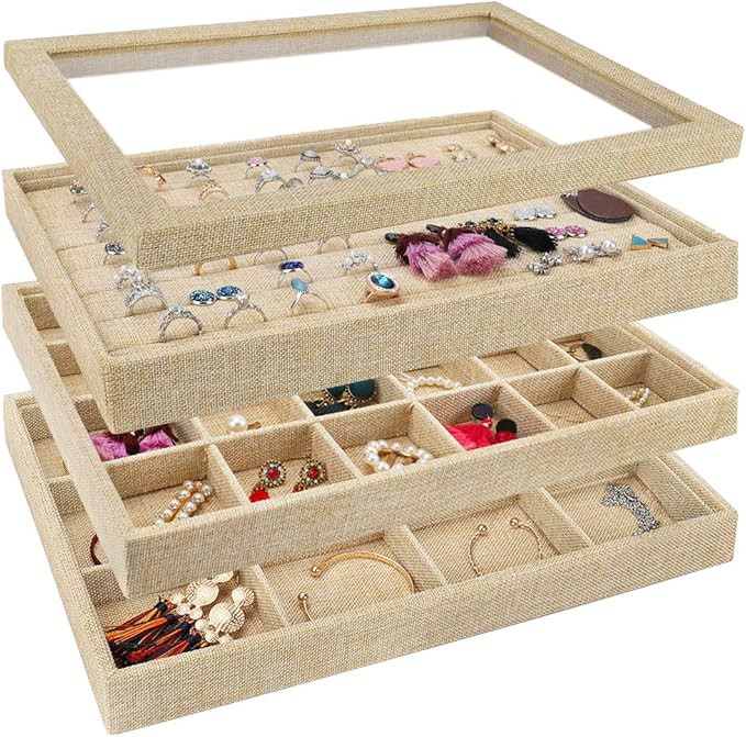 Mebbay Stackable Sackcloth Jewelry Trays Organizer Set with Clear Lid, Jewelry Storage Display Tr... | Amazon (US)