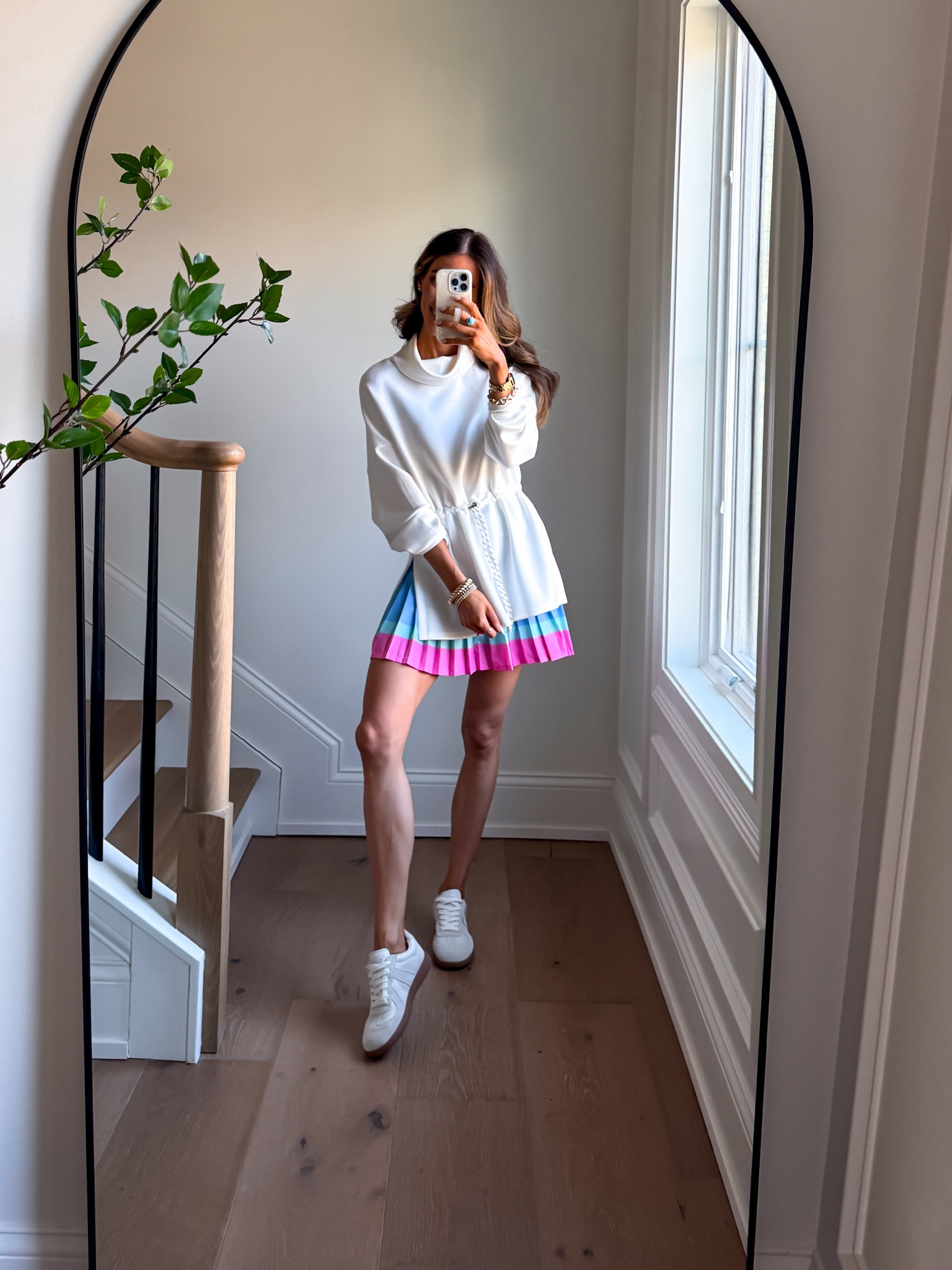 Wearing snall pullover and pleated fold over skort 

#LTKmomlife #LTKootd #LTKgrwm