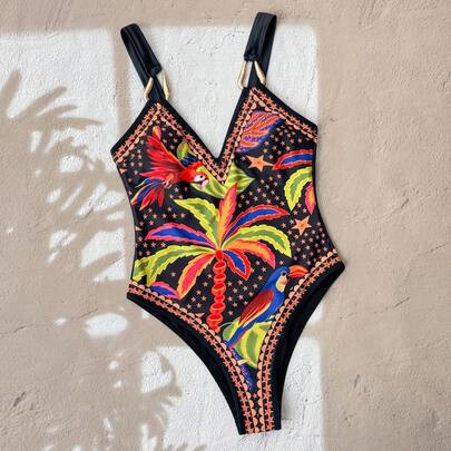 Women's Elegant Tropical Parrot Colorful Palm Print One-Piece Swimsuit,Metal Buckle Strap,Vintage Boho Black Summer Beach Vacation Holiday,Holiday | SHEIN