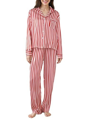 Sastianaen Women Striped Pajama Set Long Sleeve Button Down Shirt and Pants 2 Piece Striped Lounge Set Sleepwear(E Red striped,m) | Amazon (US)