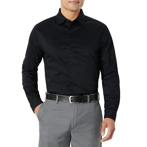 Amazon Essentials Men's Regular Fit Long Sleeve Wrinkle Resistant Stretch Dress Shirt, Black, X-Small | Amazon (US)