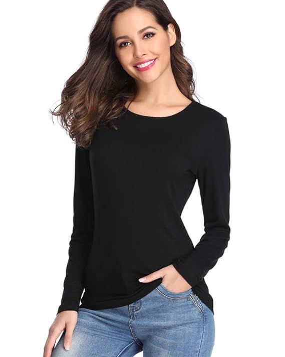 fuinloth Women’s Basic Long Sleeve T Shirts, Crewneck Slim Fit Spandex Tops | Amazon (US)