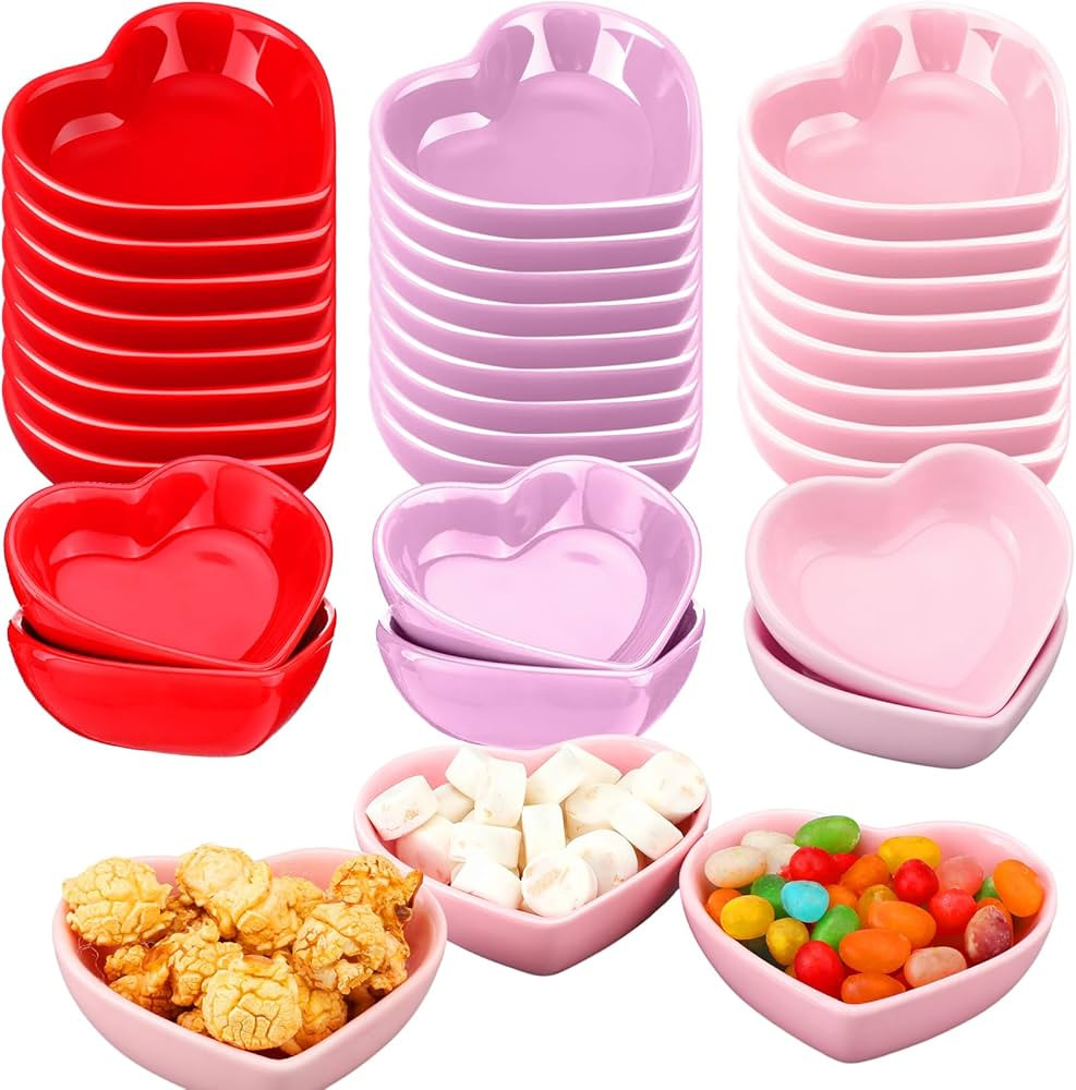 Domensi 24 Pcs Valentine's Day Heart Shaped Bowls Ceramic Dishes Red Love Sauce Side Multipurpose Salad Bowls Dish Appetizer Plates Cooking Gifts for Candy Sushi Dipping Serving Wedding Anniversary | Amazon (US)