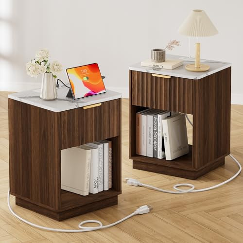 FavourLife Walnut Fluted Nightstand Set of 2 with Charging Station, 18" Modern Bedside Table with Faux Marble Top, Bedroom Night Stand with Drawer & Open Shelf, Living Room Sofa Wood Side Table | Amazon (US)