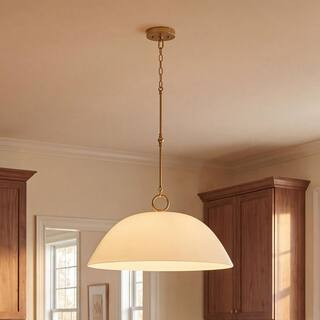 Alta 30 in. W x 33 in. H 1-Light White Bisque/Brass Pendant Light with Spun Bamboo Shade, No Bulb Included | The Home Depot