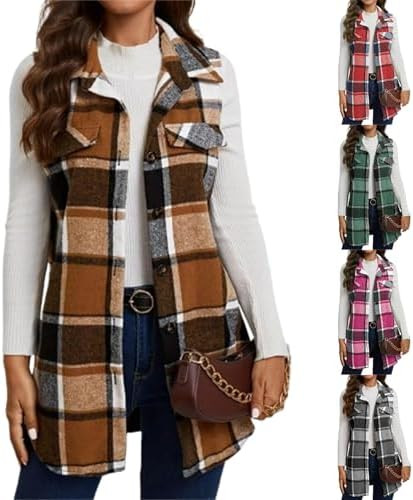 Plaid Vest for Women Sleeveless Curved Hems Long Cardigan Coat Casual Lapel Waistcoat Comfy Butto... | Amazon (US)