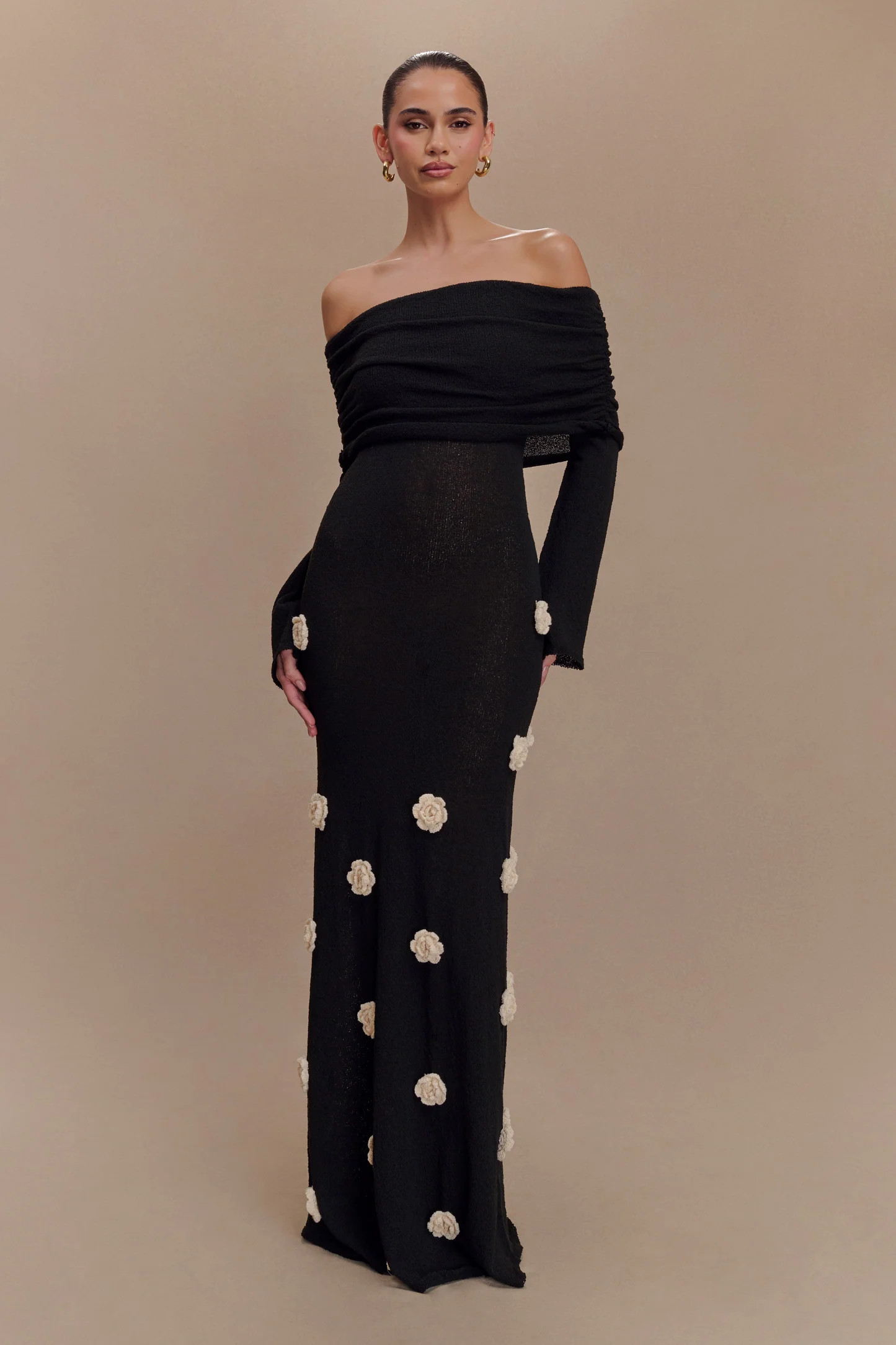 Kiki Off Shoulder Knit Rose Maxi Dress - Black/White | MESHKI US