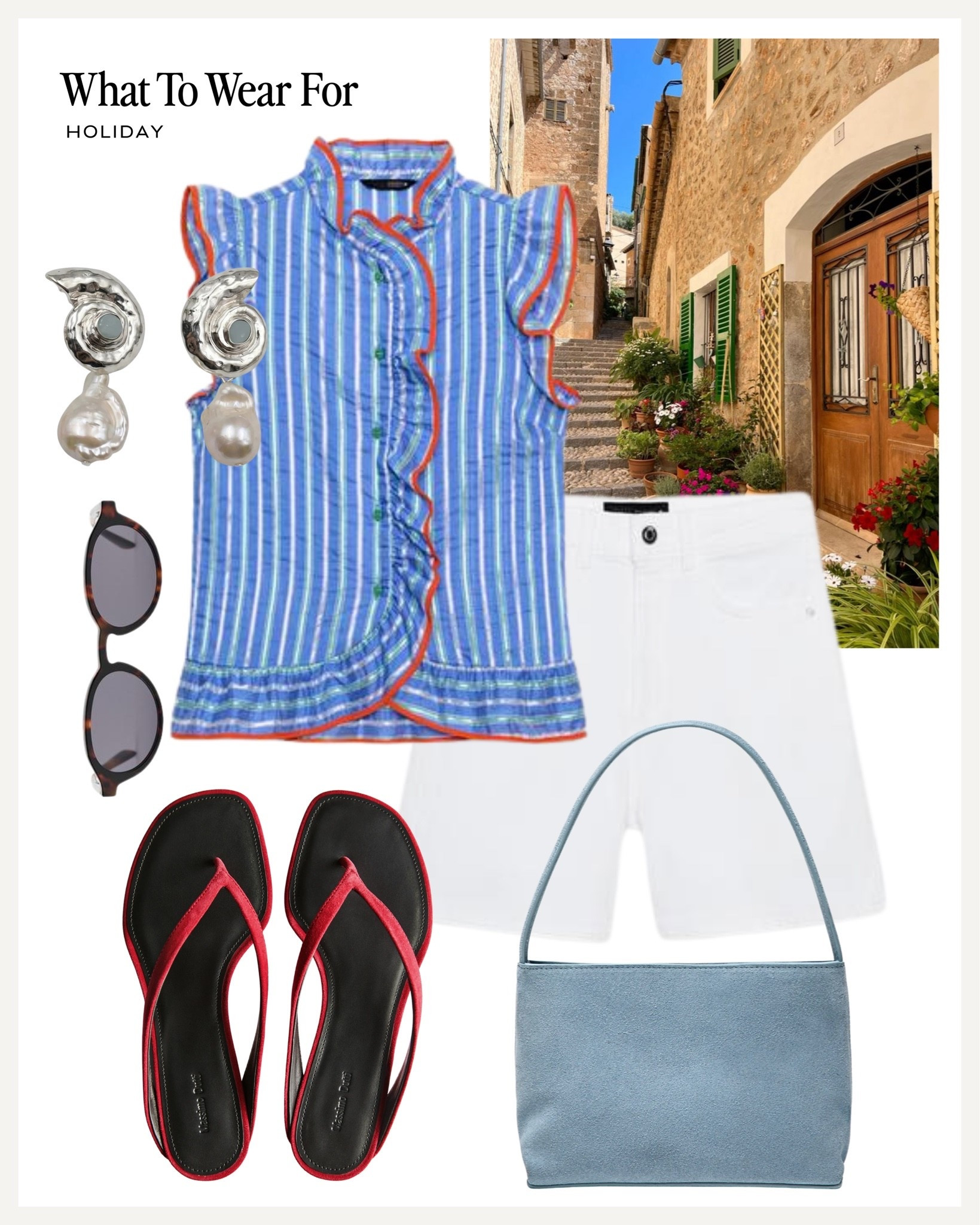Holiday outfit ☀️ 

Zara new in, patterned striped top, red sandals, white denim jacket, blue bag

#LTKsummer