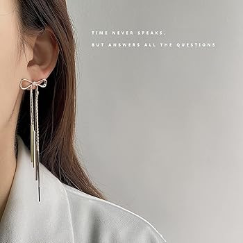 Amazon.com: Chic Bow Knot Threader Dangle Stud Earrings Minimalist Butterfly Knot Tassel Long Cha... | Amazon (US)