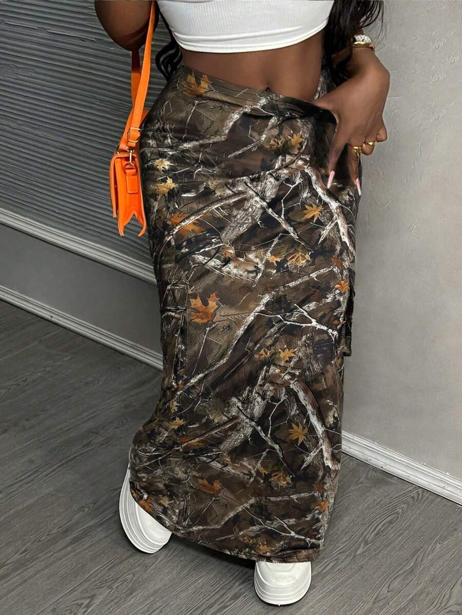 LocalWomen's Maple Leaf & Branch Print Long Casual Skirt With Side Pockets | SHEIN