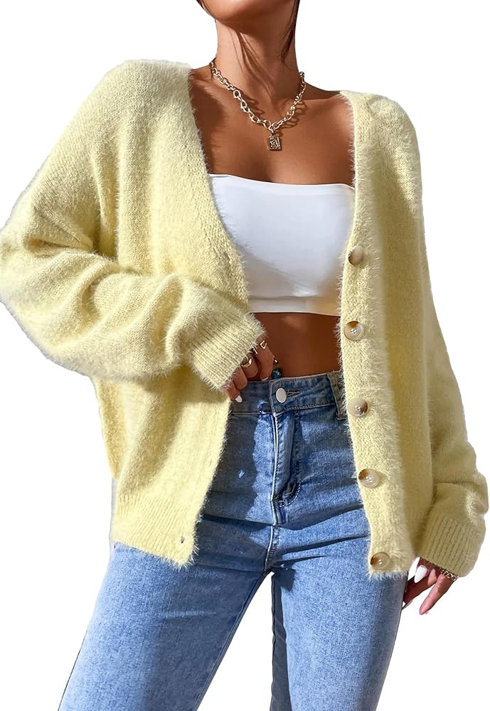 MakeMeChic Women's Solid Fuzzy Knit Cardigan Long Sleeve V Neck Button Down Cardigan Sweater | Amazon (US)
