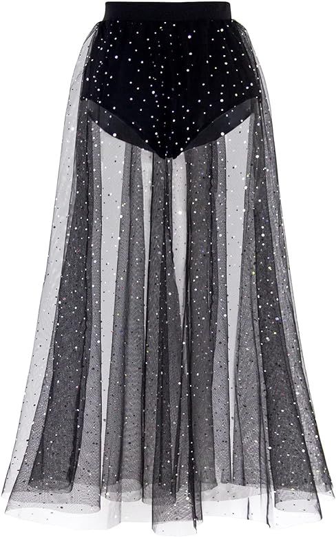 Modegal Women's Sheer Mesh 2 in 1 Glitter Sequin Elasticized High Waist A Line Party Maxi Skirt | Amazon (US)