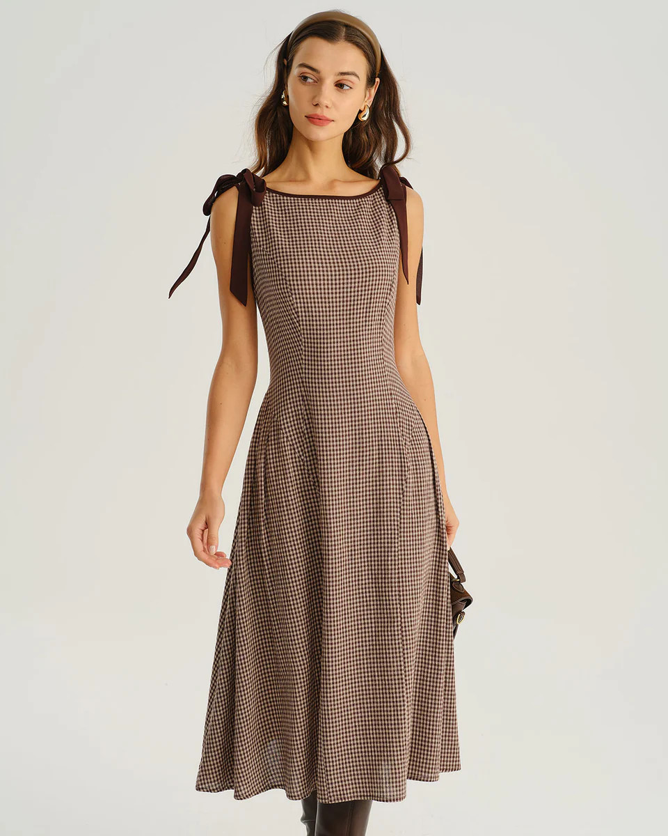 Brown Plaid Boat Neck A-Line Midi Dress | rihoas.com
