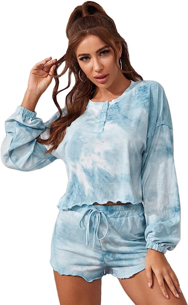 Milumia Womens Tie Dye Printed Pajamas Set Long Sleeve Top with Shorts 2 Piece Nightwear Sleepwea... | Amazon (US)