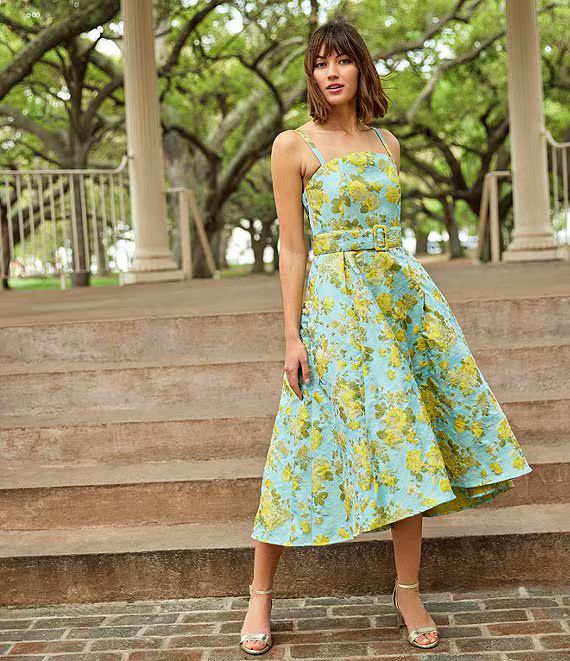 Abbey Glass Annabelle Floral Sqaure Neck Sleeveless Side Pocket Belted High-Low A-Line Dress | Di... | Dillard's