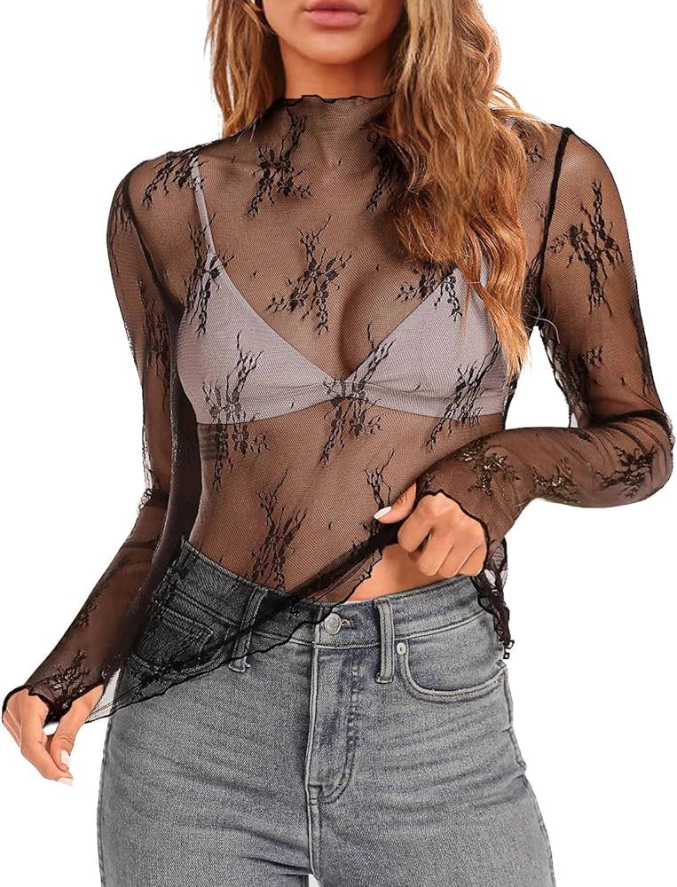 Women's Long Sleeve Mesh Tops Mock Neck Sheer Blouses See Through Floral Lace Tops S-XXL | Amazon (US)