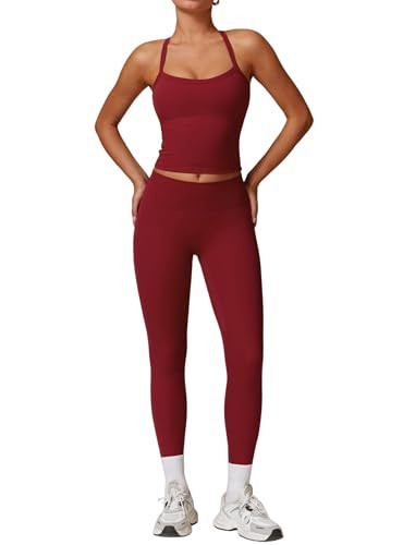 Womens Workout Sets Two Piece Seamless Stretch Cross Back Tank Top Matching Tummy Control High Waist Leggings Set 2 Piece For Women Gym Yoga Active Wear Outfits Athletic Work Out Clothes Burgundy S | Amazon (US)