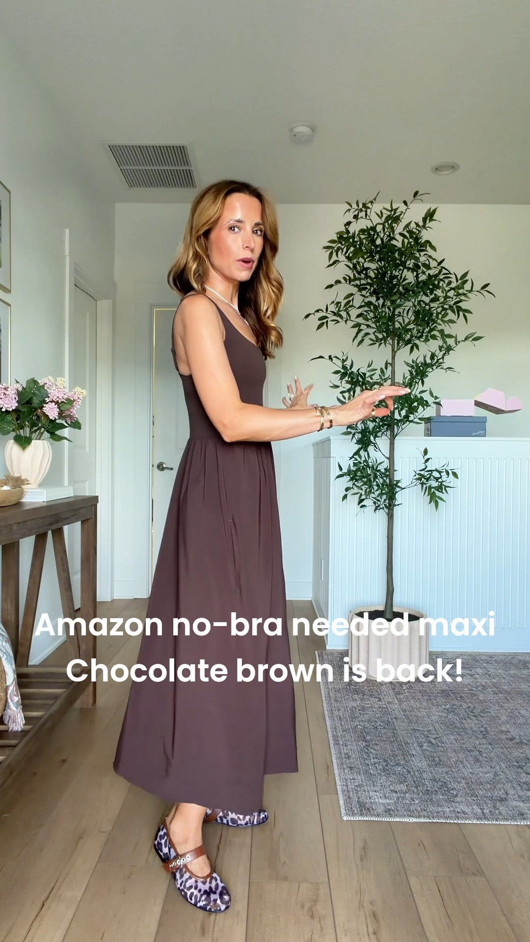 Amazon no bra needed maxi in XXS. Built-in shelf bra with adjustable straps and pockets. Leopard ballet flats are TTS. Summer outfit. Summer dress. Elevated casual outfit. Brown maxi dress. Fall outfit. Fall style.